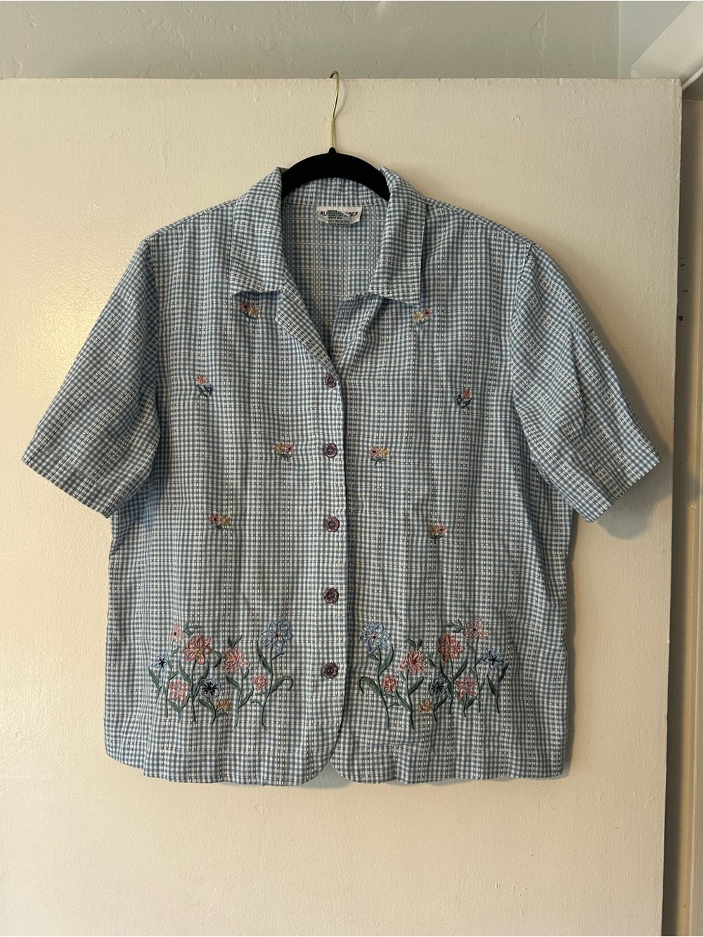 Cottagecore grandma gingham embroidered floral button up